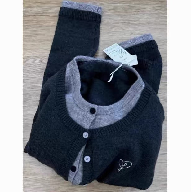 Grey-style" faux-layered knitted cardigan for women – a sophisticated, spliced-design knit sweater from the 2026 spring/autumn collection.