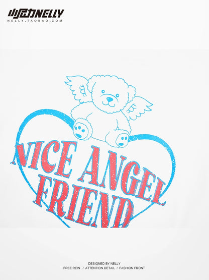 Heavy American cleanfit love bear angel couple short-sleeved T-shirt men and women summer trendy brand pure cotton half-sleeve