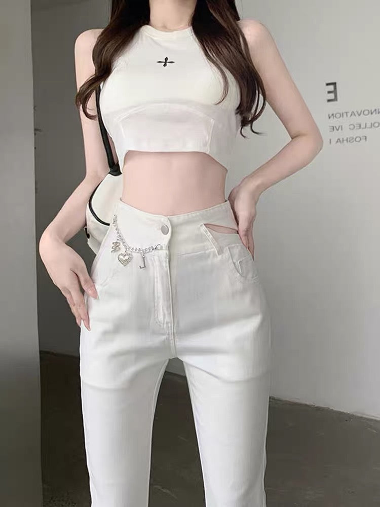 2023 new autumn niche design micro-flare jeans for women high-waist slim slimming slit wide-leg trousers (B3916)