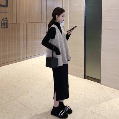 Internet celebrity pregnant women autumn clothing set 2023 new autumn clothing pregnancy belly cover dress large size long skirt sweater two-piece winter set