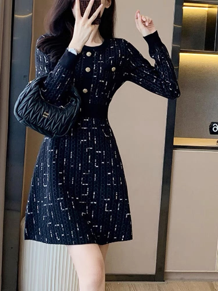 Xiaoxiangfeng knitted dress 2023 autumn new fashion women's long-sleeved bottoming slim A-line sweater skirt (B8911)