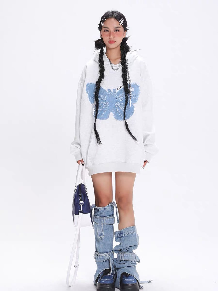 ENJOG American retro denim patch butterfly hooded sweatshirt women's trendy brand street spring and autumn new versatile top