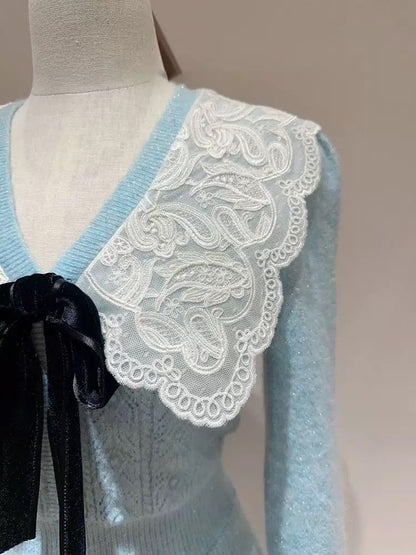 Buyer store design small fragrant knitted dress women's autumn and winter new style doll collar bow waist small skirt T9793