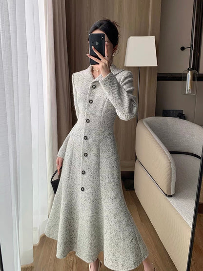 FT GUOGE small fragrant dress for women 2023 autumn and winter new French retro waist slimming long skirt