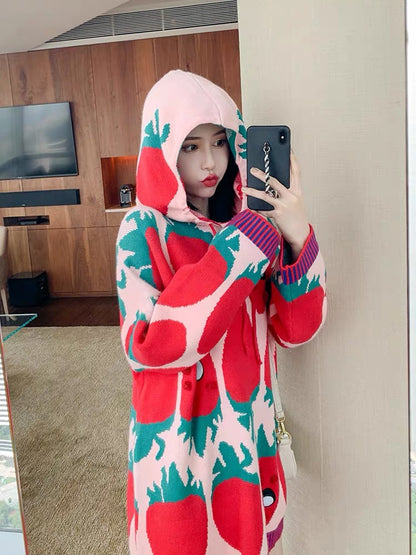Hooded Red Strawberry Sweater Women's 2023 Autumn and Winter New Tops Loose Outerwear Knitwear Thickened Korean Style T2385