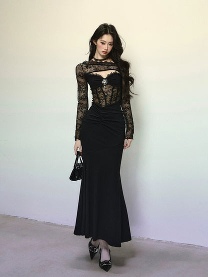 Shaoyeyan Ancient Black Mamba High-grade French annual party dress female autumn and winter lace hip dress long skirt