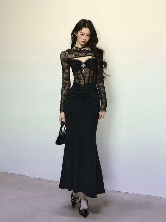 Shaoyeyan Ancient Black Mamba High-grade French annual party dress female autumn and winter lace hip dress long skirt