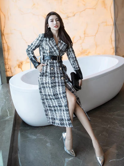 Wool plaid coat women's mid-length 2023 winter new style small fragrant style double-breasted lace-up cotton coat over the knee