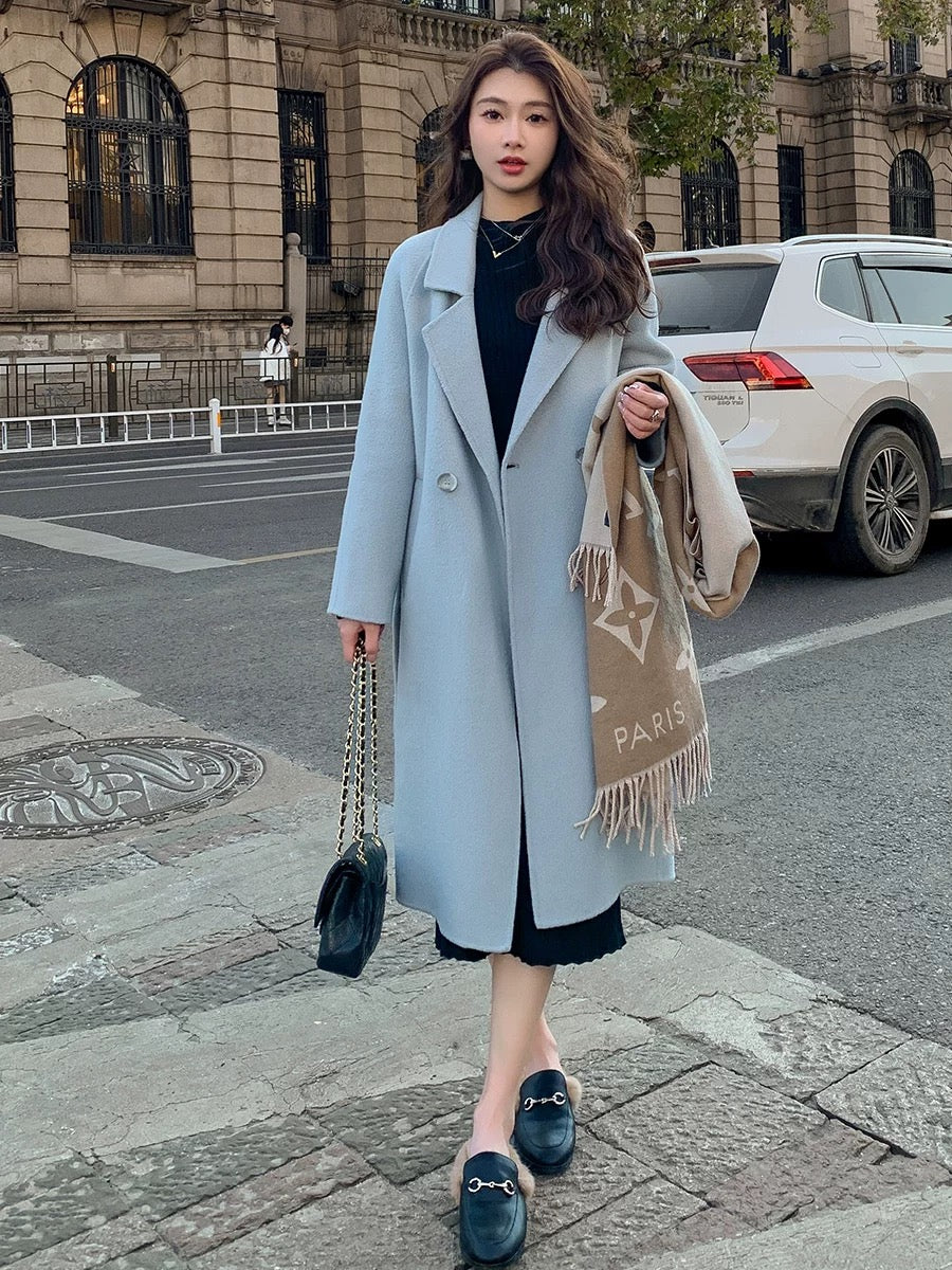 Pink double-faced velvet coat for women 2024 autumn and winter new Korean style loose mid-length lace-up woolen coat