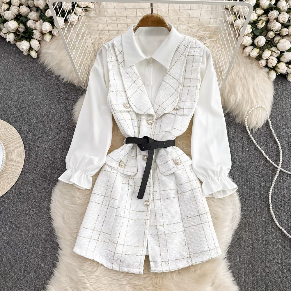 Goddess style lady temperament mid-length single-breasted tweed vest jacket two-piece loose white shirt autumn
