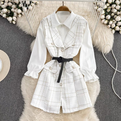Goddess style lady temperament mid-length single-breasted tweed vest jacket two-piece loose white shirt autumn