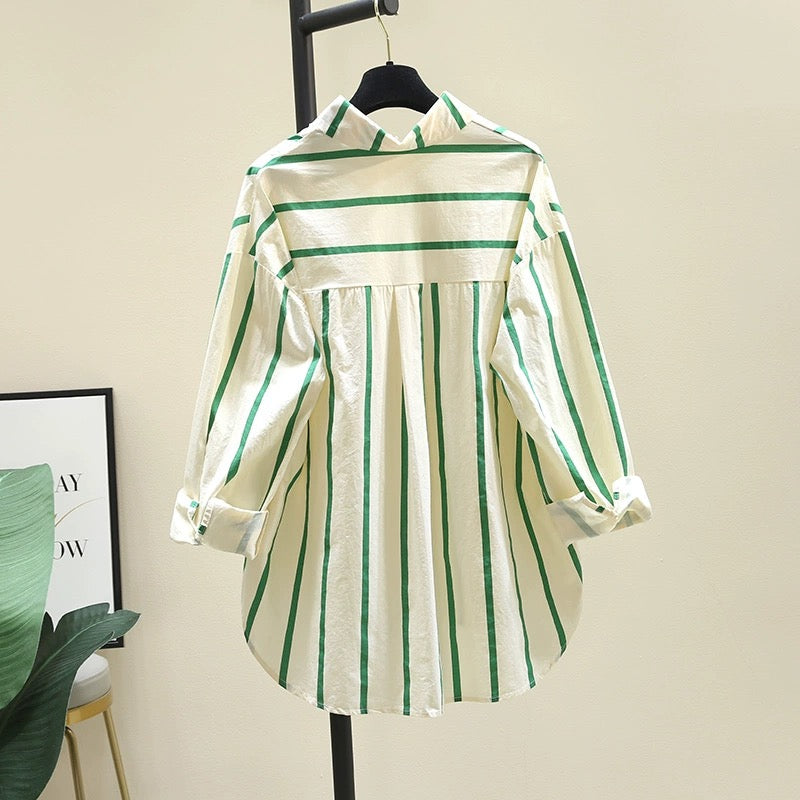 Age-reducing green striped shirt for women 2024 spring and autumn new Korean loose casual long-sleeved shirt sunscreen top