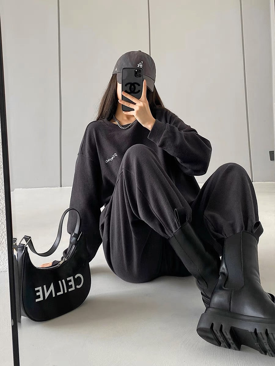 YoungGirlDay European and American loose slimming letter embroidered long-sleeved sweatshirt high-waisted casual sports trousers suit