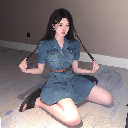 French niche retro hot girl suit collar denim dress female summer sexy waist short-sleeved pleated skirt small man
