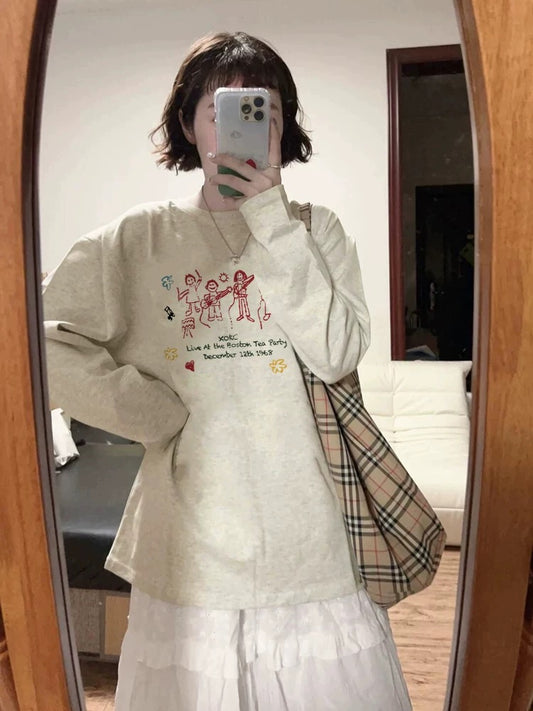 100% cotton American retro Hong Kong style chic straight shoulder long-sleeved T-shirt women's loose lazy niche design top