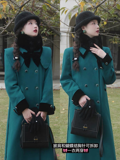 Eat Green Vegetables Blue College Style Woolen Coat Women's Spring Premium Style Vintage Jacket T2369