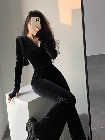 YoungGirlDay European and American style fashionable black velvet slim slim hooded zipper long-sleeved boot-cut jumpsuit (B1814)