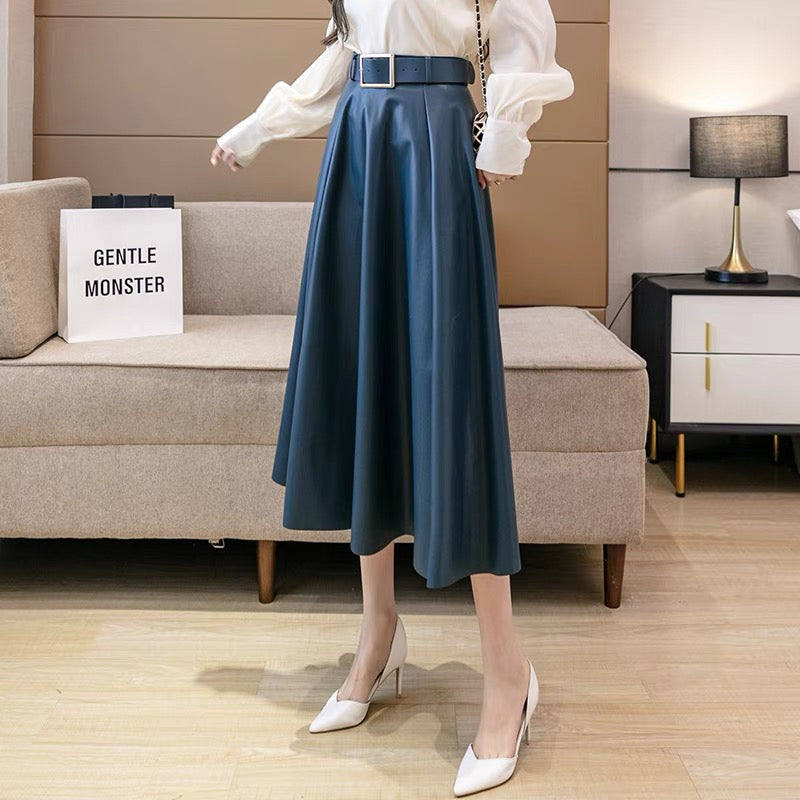 Brown leather skirt 2023 new high-waisted pleated A-line skirt for women autumn and winter mid-length hip-covering long skirt