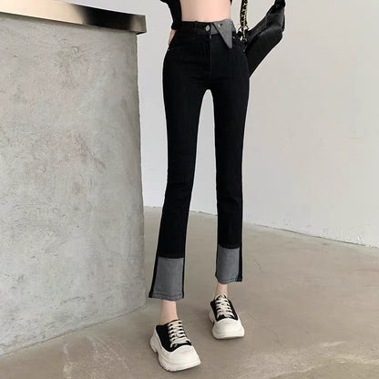 Designed splicing jeans for women 2023 spring high-waisted slimming Korean style boot-cut pants high-end light luxury versatile pants (B3914)