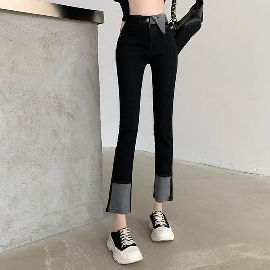 Designed splicing jeans for women 2023 spring high-waisted slimming Korean style boot-cut pants high-end light luxury versatile pants (B3914)