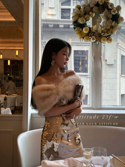 LATTITUDE/Yang Xiaolu birthday dress off-shoulder eco-friendly fur collar removable tube top color-changing sequin dress