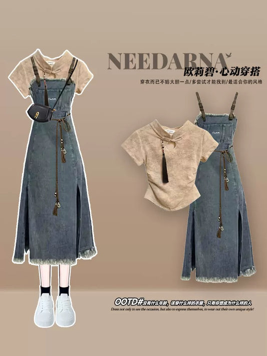 Vacation wear denim dress summer wear with a complete set of pear-shaped overalls skirt new Chinese style women's clothing