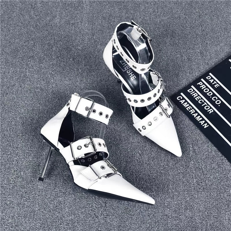 Street cool and handsome punk style high-heeled sandals, feminine metal buckle stiletto pointed toe hot girl toe white high heels