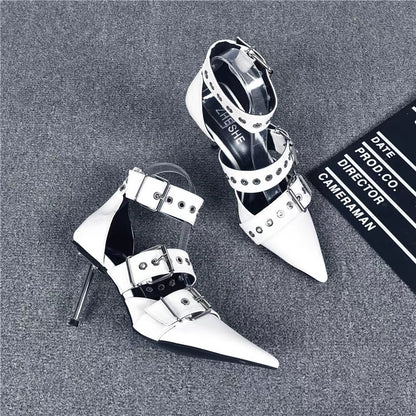 Street cool and handsome punk style high-heeled sandals, feminine metal buckle stiletto pointed toe hot girl toe white high heels