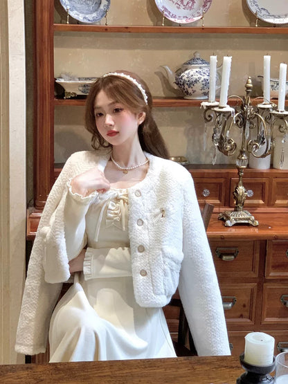 Q Girl’s White Dew Lovers/French White Knitted Long Skirt Women’s 2023 Winter Square Neck Dress