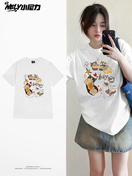 American cartoon cat print round neck short sleeve men and women summer 2025 couple pure cotton t-shirt half sleeve bottoming shirt trend