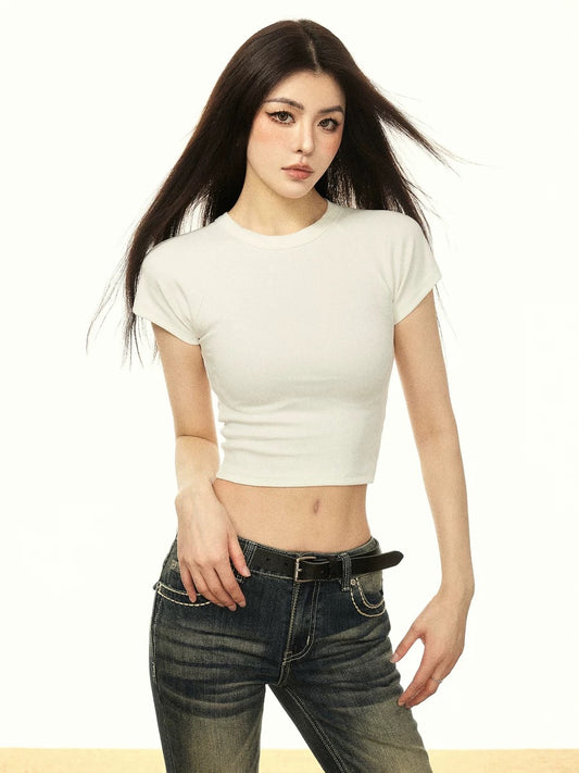 AAISUP American style white pure cotton straight shoulder short-sleeved T-shirt women's summer 2024 new slim fit short tops