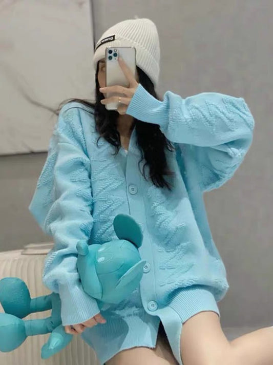 Sweater 2023 New Internet Celebrity Soft, Gentle and Lazy Style Blue Cardigan Jacket Women's Knitted Top Fashionable V1146