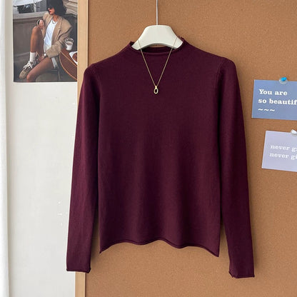 Retro soft and sticky cashmere rolled-edge turtleneck knit sweater for women, autumn and winter, gentle and versatile layering base layer top.