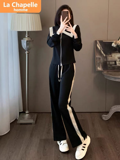 La Chapelle French Navy Collar Casual Sports Suit Women's Autumn 2023 New Small Fragrance Style Wide-Leg Pants Two-piece Set