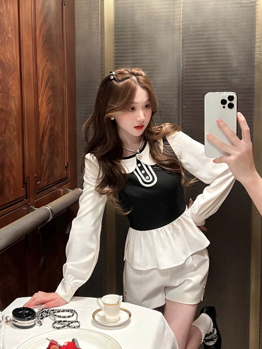 Q Girl's Lady Bird/French Doll Collar Contrast Color Skirt Shirt Women's 2024 Spring New Chic Top