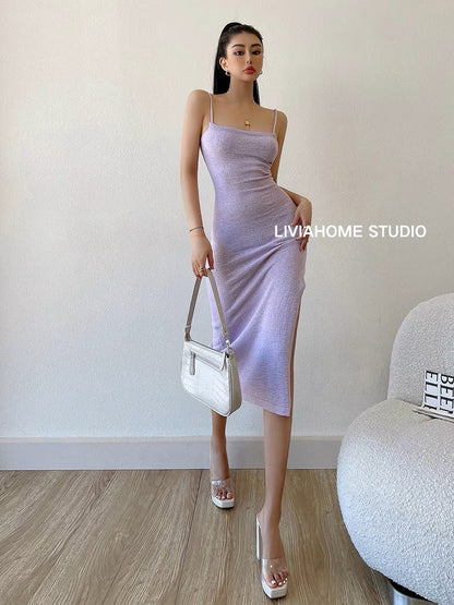 liviahome European and American hot girl style slit backless figure-showing tight knitted hip-covering suspender dress for women (D120)