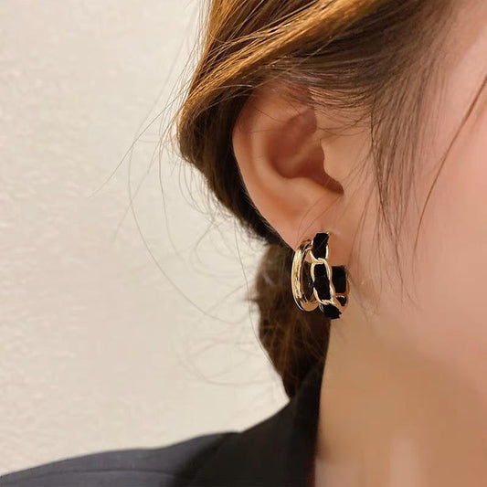 925 silver needle geometric double layer earrings niche velvet chain earrings Korean autumn and winter retro temperament earrings for women