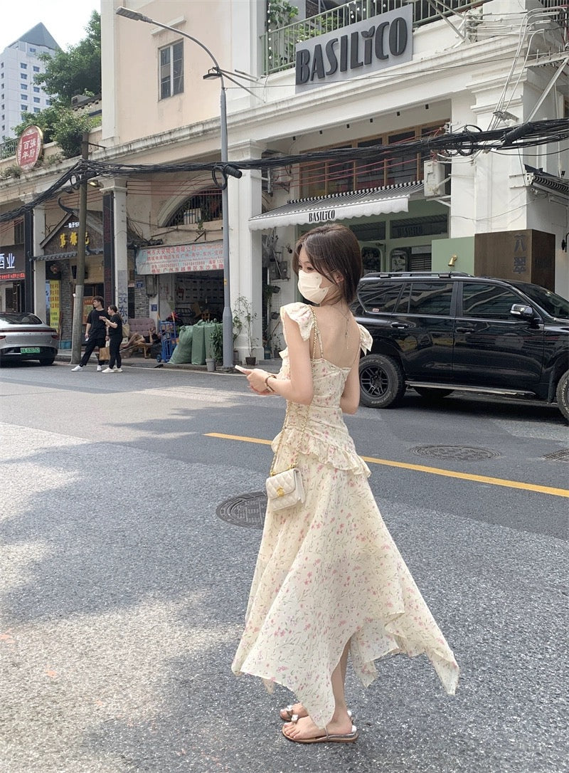 PPHOME is full of temperament~Sweet flying sleeves floral suspender dress women's design holiday style fairy long dress