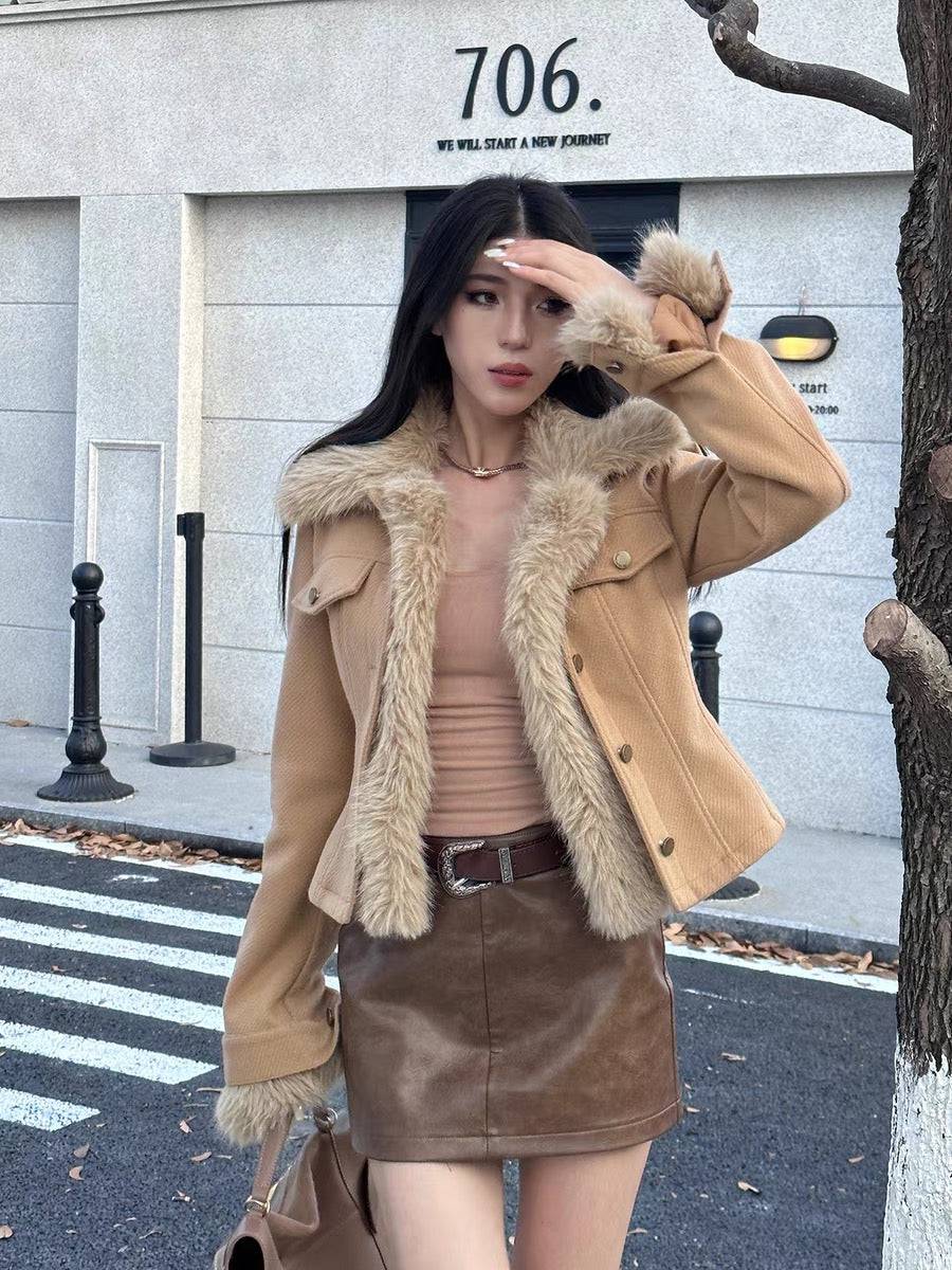 Luo Ge fur one-piece imitation fox fur motorcycle jacket for women in autumn and winter thickened short fur eco-friendly fur (A9983)