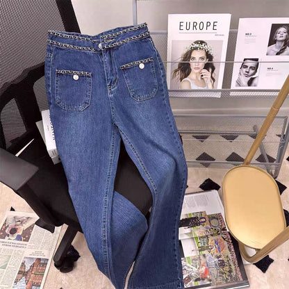 Korean version of the trendy brand ins heavy industry chain jeans women's spring and summer high waist thin straight leg mopping wide leg pants
