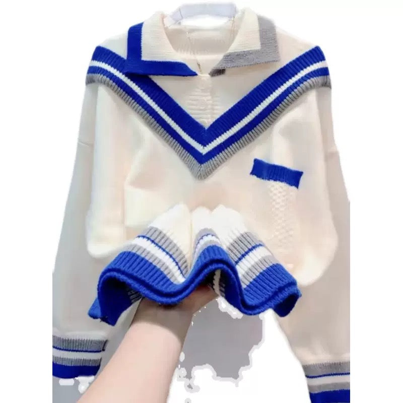 College style sweater for women 2023 autumn and winter new style loose contrasting color polo collar splicing fake two-piece sweater for outer wear trend T9398