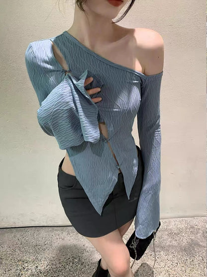 EUSKY IIWAN Hollow design niche long-sleeved shirt with spring and summer new irregular off-shoulder top (T246)