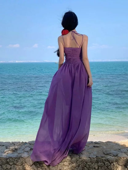 French light luxury high-end deep V purple chiffon suspender dress female summer seaside holiday style sexy long dress