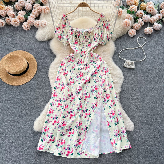 French pure desire high-grade floral puff sleeve dress for women summer slim temperament super fairy forest style slit long skirt
