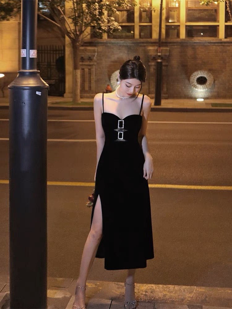 Thirteen and Little Black Suspender Dress Women's Summer Sexy Velvet Slit Slim French Dress