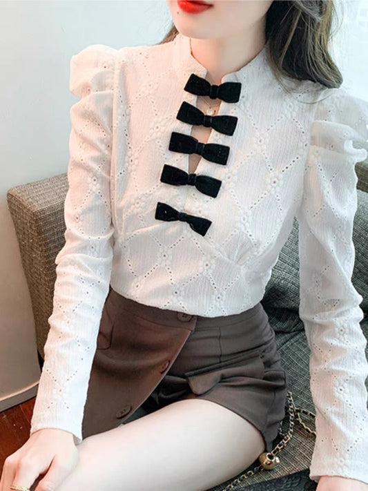 Palace style puff sleeve jacquard shirt for women autumn new slim fit versatile sweet bow stand collar bottoming top (B2310)