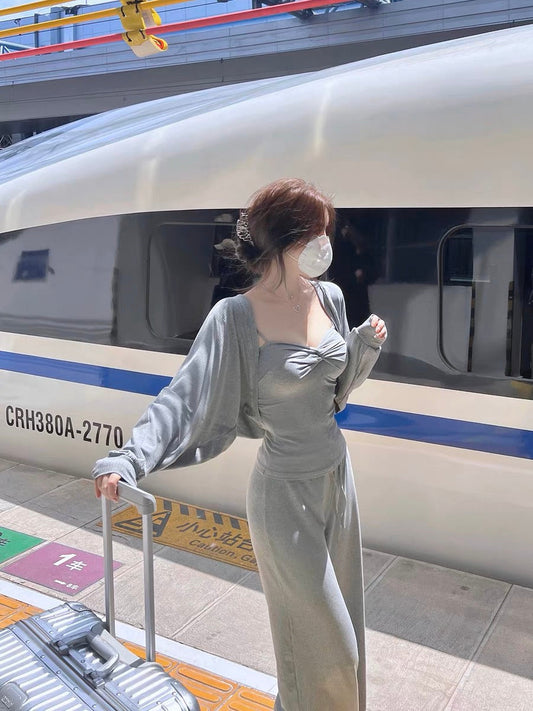 pinkpo A ray of light on the journey pure cotton knitted suit women's comfortable three-piece sports and leisure suit (S216)