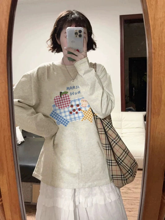 100% cotton American retro Hong Kong style chic straight shoulder long-sleeved T-shirt women's loose lazy niche design top