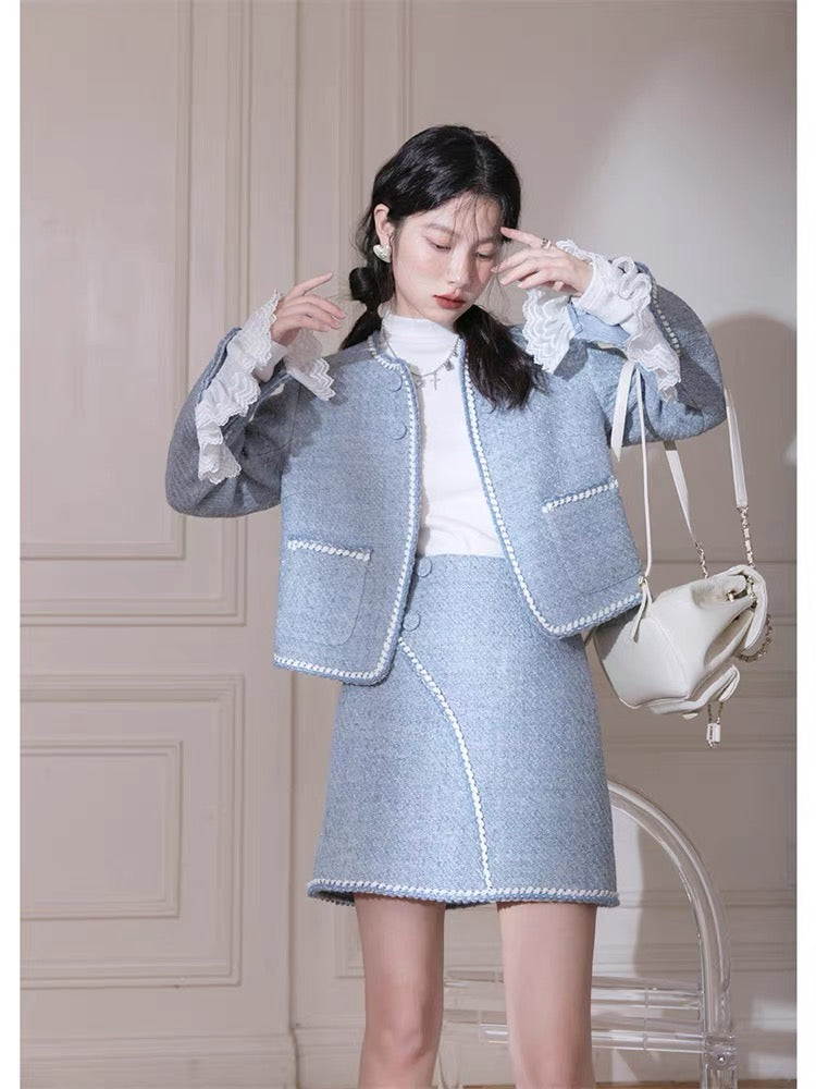 Blue tweed suit jacket professional socialite small fragrance high-end two-piece suit women's 2023 new style