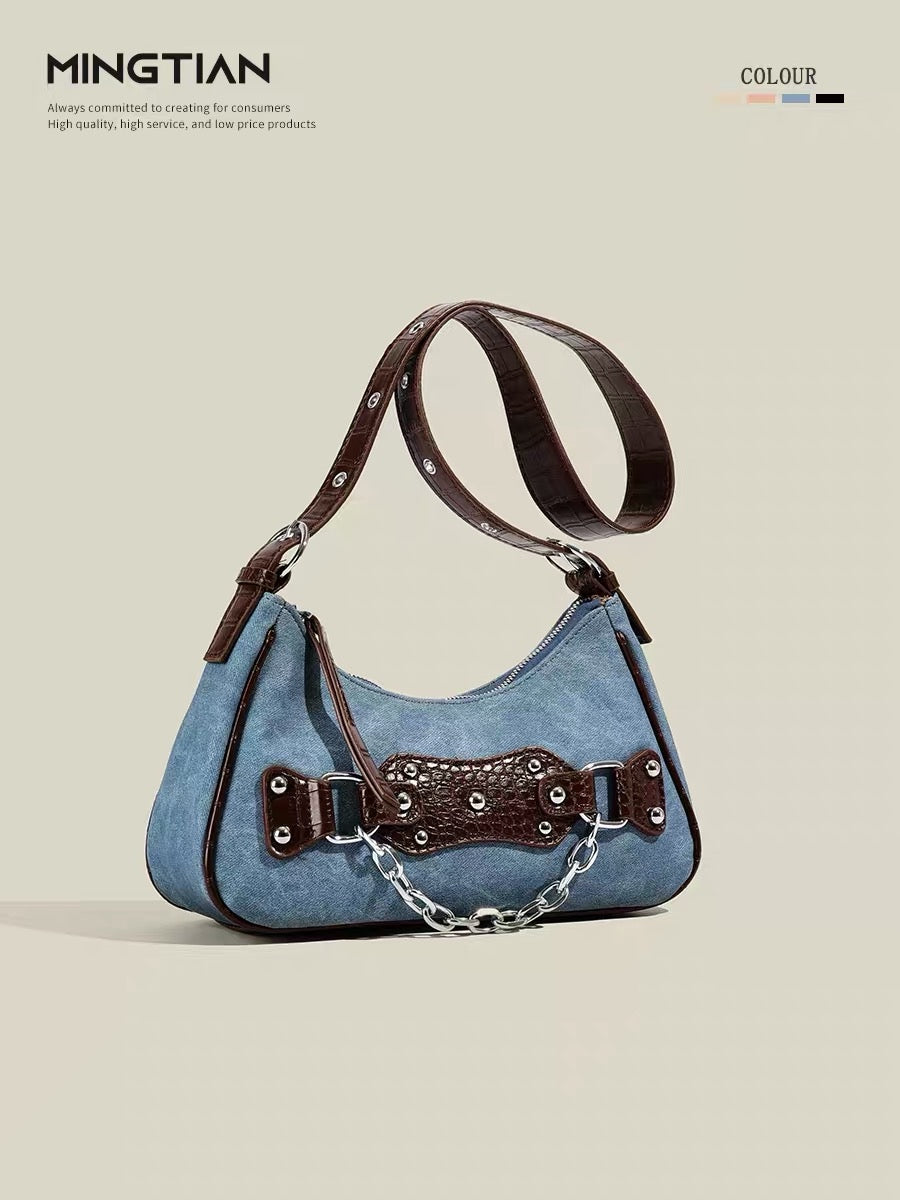 MINGTIAN French niche retro hot girl bag 2023 new casual denim underarm bag shoulder bag female bag
